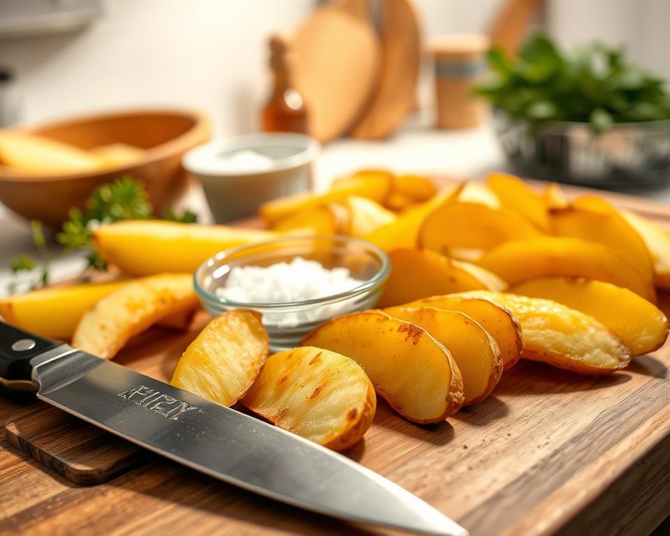 Evenly cut potato wedges Evenly cut potato wedges