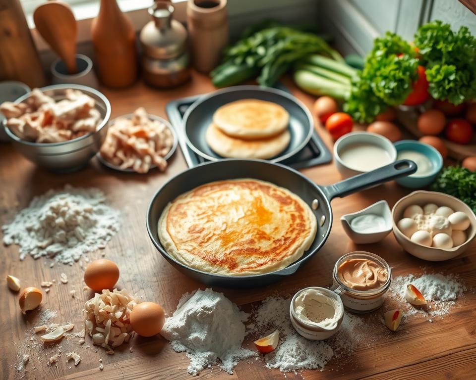 Homemade pancake batter and creamy chicken filling ingredients Homemade pancake batter and creamy chicken filling ingredients