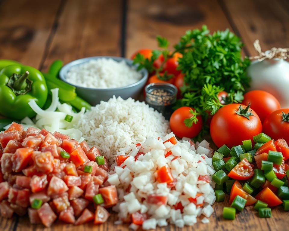 Ingredients for Brazilian arroz carreteiro with carne-seca dessalgada Ingredients for Brazilian arroz carreteiro with carne-seca dessalgada