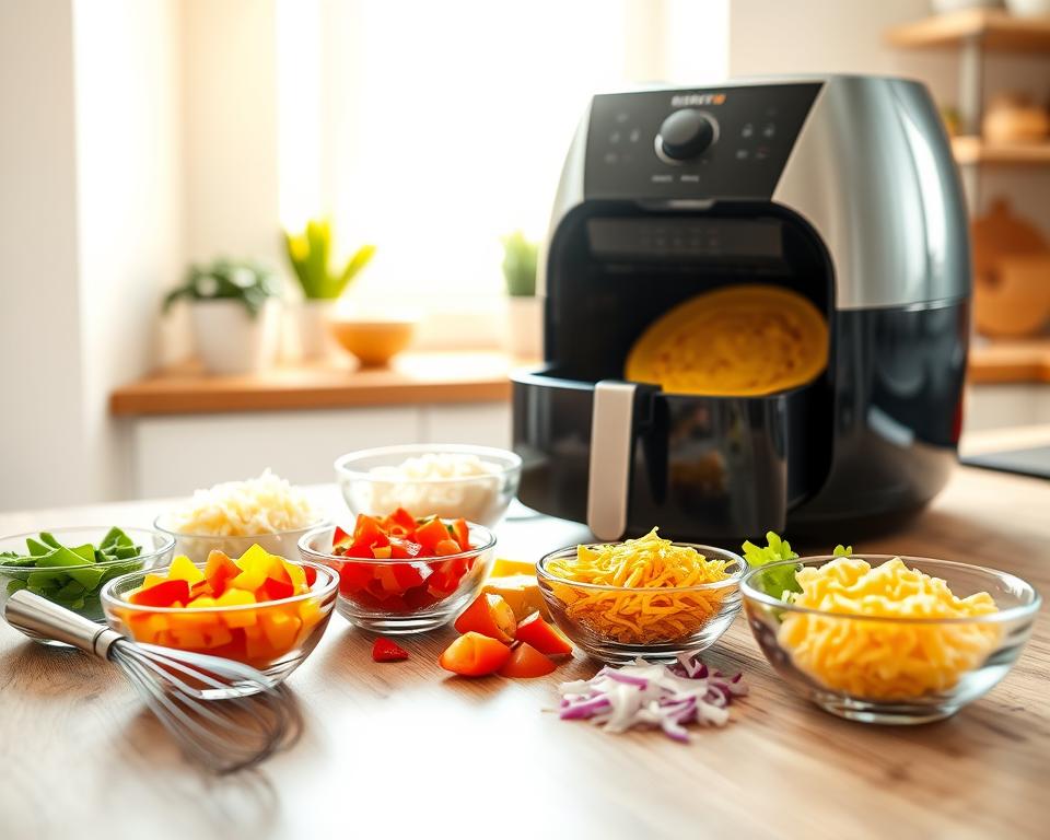 Preparing fillings for a stuffed omelet in the air fryer Preparing fillings for a stuffed omelet in the air fryer