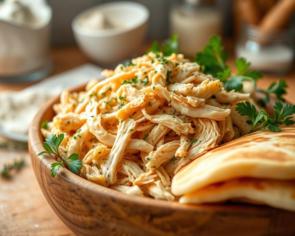 Seasoned shredded chicken for creamy chicken pancakes Seasoned shredded chicken for creamy chicken pancakes