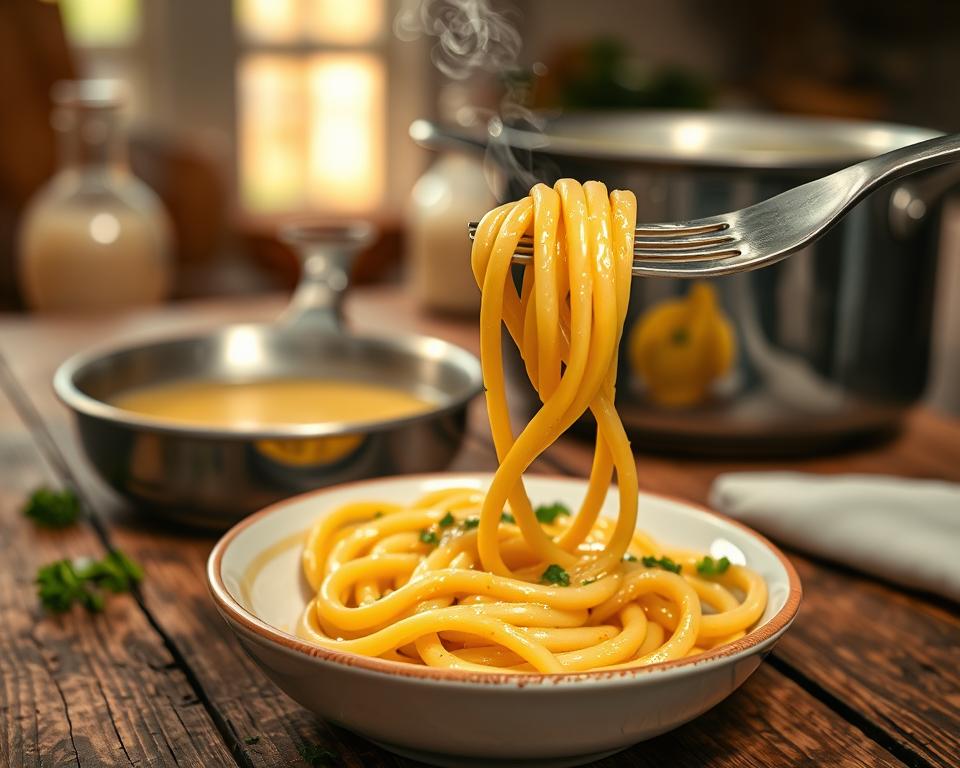 Starchy pasta water helps create a creamy garlic oil sauce Starchy pasta water helps create a creamy garlic oil sauce