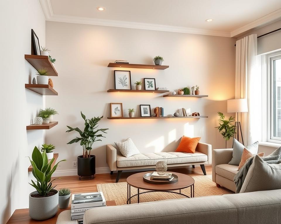 decoração com prateleiras flutuantes